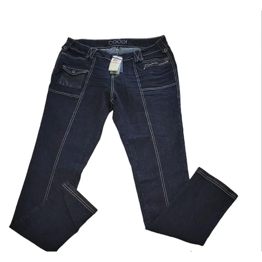 Coogi Women's Skinny Jeans Denim Faux Leather Pocket Blue Size 14W NEW with Tags